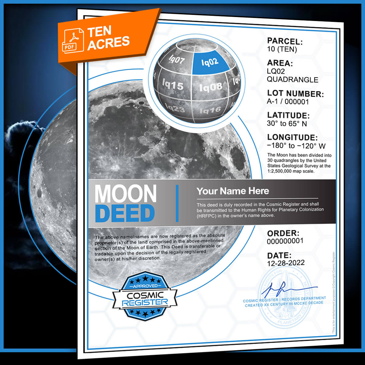 lunar land deed pdf email download cosmic register ten acres of land